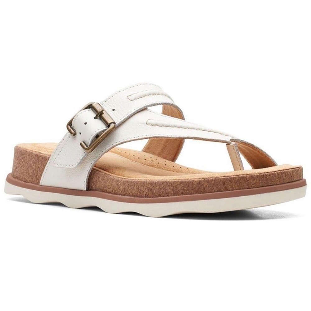 Clarks Brynn Madi Toe Post Slip On Leather Buckle Sandals White Womens 9 Comfort
